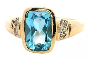 9ct Yellow Gold Blue Topaz & Diamond Ring – Elegant & Timeless – Size L 1/2 - Picture 1 of 14