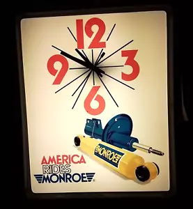 MECHANICS GARAGE CLOCK 17"x14" Soft Light~New Neon Tube MONROE SHOCKS c.1983 - Picture 1 of 8