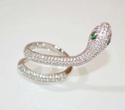 Anello donna argento serpente strass cristalli occhi verdi regolabile UD30 - Immagine 1 di 2