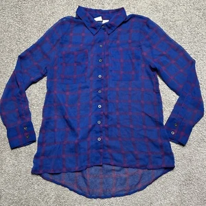 Women’s Large Mudd Blue & Purple Sheer Plaid Button-Up Blouse - Picture 1 of 5