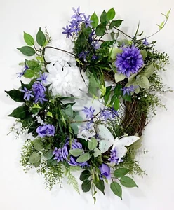 SPRING PURPLE FLOWERS BUTTERFLY GRAPEVINE WREATH FRONT DOOR FLORAL HANDMADE NEW - Picture 1 of 10
