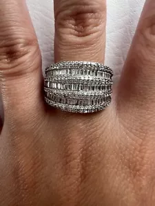 Anillo ancho de plata de ley 925 baguette STS de tres capas y circonita talla 9 - Imagen 1 de 9