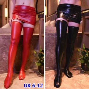 Femme PU Cuir Mini Ouverture Jupe Bas Effet Mouillé Serré Chaussettes Sexy Club - Bild 1 von 13