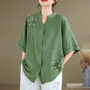 Women's cotton linen blend short sleeved shirt thin loose top 3/4 Sleeve - Picture 1 of 13