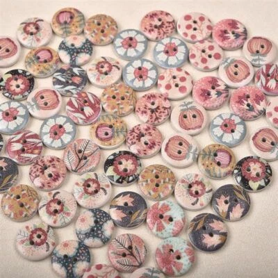 50pcs Round Flower Printed Buttons 2 Holes 15mm Wooden Button Sewing Crafts Acce - Image 1 of 4