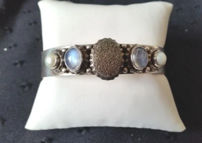 VINTAGE DESIGNER 925 SOLID STERLING SILVER DRUZY PEARL MOONSTONE BRACELET  - Image 1 of 3