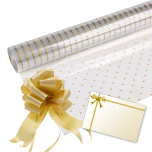 Gold Dot Cellophane Gift Wrap Birthday Easter Hampers, Pull Bow and Bow Card - Picture 1 of 4