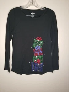 Holiday Time Womens Black Christmas Long Sleeve Top Size Small - Picture 1 of 5