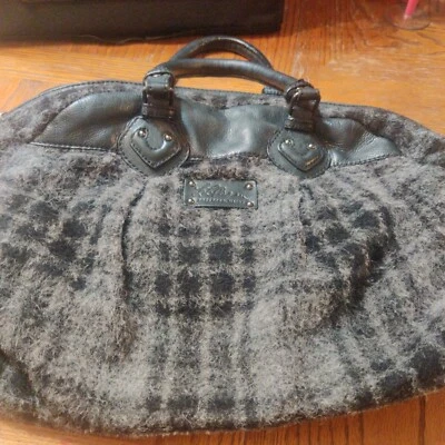 LL Bean Black & Gray Plaid Alpaca Wool Leather Crossbody Bag  Purse - Image 1 of 4