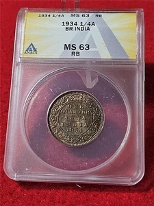 1934 INDIA 1/4 ANNA BRITISH INDIA  ANACS MS 63RB                         #T4932 - Picture 1 of 2