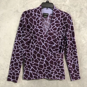 Sutton Cashmere Sweater Purple Medium Faux Wrap Knit V Neck Leopard Print Womens - Picture 1 of 12