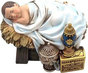 Baby Jesus in a Manger with Gifts Figurine, Freestanding Tabletop Decoration - Picture 1 of 6