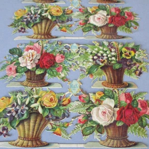 8 Antique Die-Cut German Scrap Deeply Embossed BASKETS Violets LOV Roses * Uncut - Picture 1 of 7