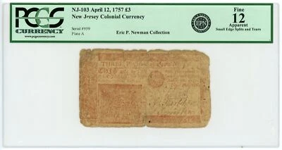 (NJ-103) April 12, 1757 3 Pounds NEW JERSEY Colonial Currency Note - PCGS F 12 - Image 1 of 2