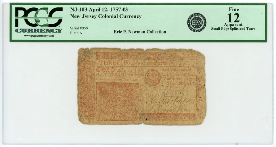 (NJ-103) April 12, 1757 3 Pounds NEW JERSEY Colonial Currency Note - PCGS F 12 - Image 1 of 2
