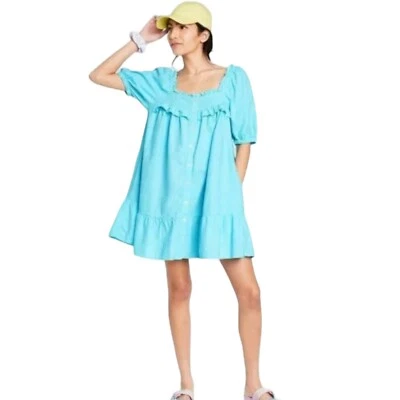 Mini Vestido Mediano Stoney Clover Lane X Target Para Mujer Azul Mezcla de Lino con Volantes Foto 1 de 4