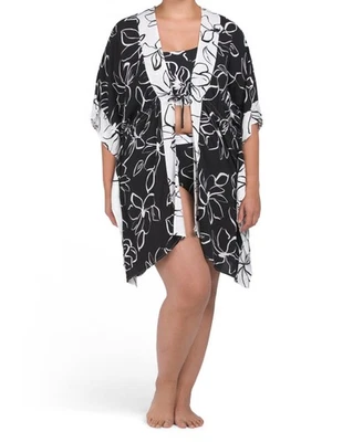 LA BLANCA 月光和服泳装遮盖黑色白色花卉加大码新品 — 第 1/3 张图片