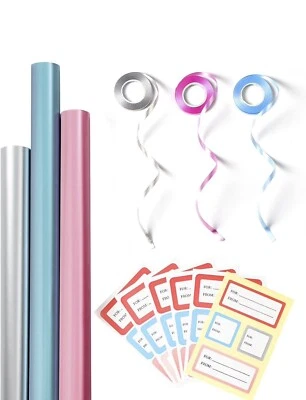 Juego de papel de envolver Packanewly 17 pulgadas x 120 pulgadas plateado, rosa, azul con cinta y palo Foto 1 de 4