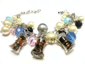 BLACK FANCY HOURGLASS MURANO GLASS FAUX PEARLS CHARM BRACELET - Picture 1 of 1
