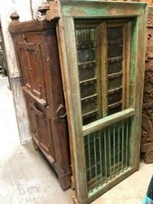 Antique Window JHAROKHA Handmade Green Patina, Iron Terrace Window Door Panels