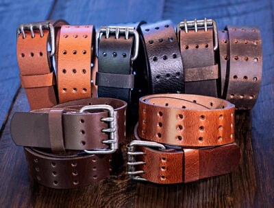 Cinturón de cuero liso grueso pesado de tres orificios triple punta de grano completo para hombre HECHO EN EE. UU. Foto 1 de 4