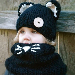 Hat & Bib Set Winter Children Wool Handmade Cat Shape Black 54-56cmFREE SHIPPING - Picture 1 of 7