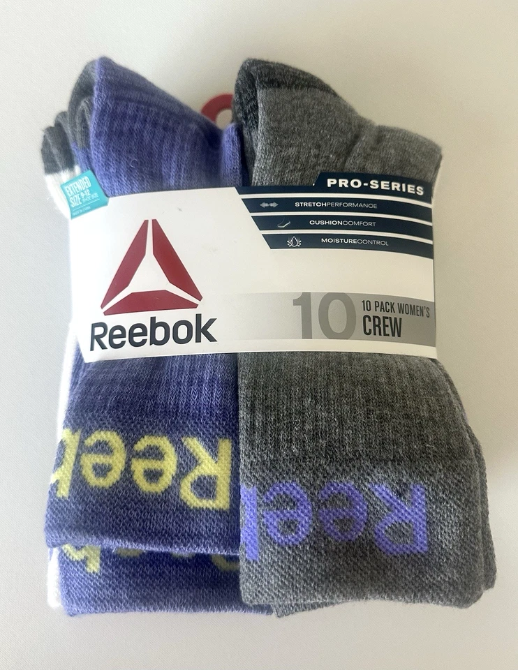 Reebok Women's Pro Series Cushioned Crew Socks Pack of 10 Extended Size 9-12