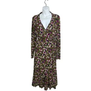 Boden Print Pretty Wrap Front Dress Size 6R Olive Green Fuschia Blue Berries - Picture 1 of 9