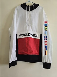 Forever 21 Men White Kangaroo Pouch Worldwide Pullover Windbreaker Jacket Size L - Picture 1 of 7