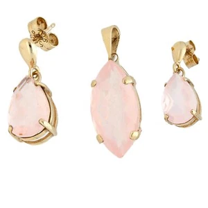 Set mit Rosenquarz-Ohrringen & Anhänger 9 Karat Gelbgold Marquise & Birnenschliff - Bild 1 von 3