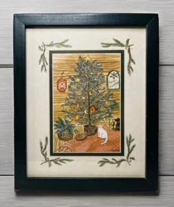 Vintage Linda Spivey Framed Art Print Christmas Cat Christmas Tree Folk Art Wood - Picture 1 of 8