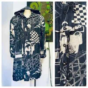Vintage SILK blue HOODED oversized anorak art print coat - Picture 1 of 10