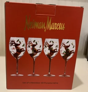 NEW in box Neiman Marcus Hand-Painted Reindeer Christmas Wine Glasses Set of 4 - Picture 1 of 4