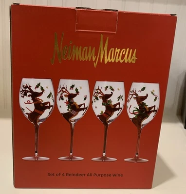 NEW in box Neiman Marcus Hand-Painted Reindeer Christmas Wine Glasses Set of 4 - Image 1 of 4