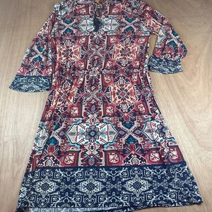 Ruby Rd Women’s XL Midi Dress Multicolor Boho Geometric Print 3/4 Sleeve - Picture 1 of 5