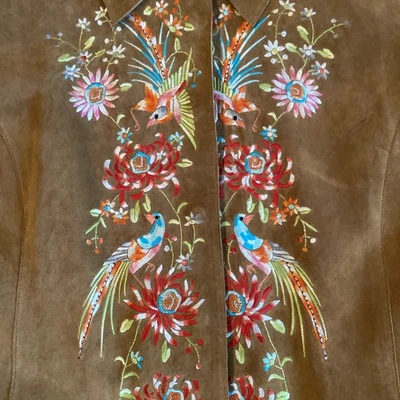 Suede Leather Shirt Jacket Plus Size 3XL Artsy Vintage Boho Bird Embroidery - Image 1 of 4