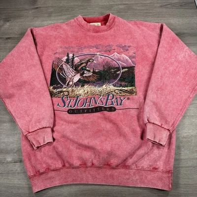 Sudadera De Colección St Johns Bay Para Hombres Rojo Rosa Pato Gráfico Naturaleza Hecha EE. UU. 90s L Foto 1 de 4