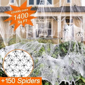 ๐ 1400 Sqft Halloween Spider Webs Decorations 150 Fake Spiders Stretchy - Picture 1 of 9