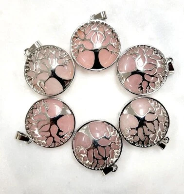 Rose Quartz Tree Of Life Silver Plated Pendants Natural Stone  For Necklaces - Image 1 of 4