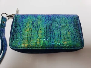 Portafoglio donna alla moda lucido con cerniera blu/verde circa 6"" × 3,5"" nuovo - Foto 1 di 8