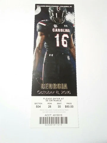 2016 South Carolina Gamecocks Georgia Bulldogs Football Ticket Stub Cover