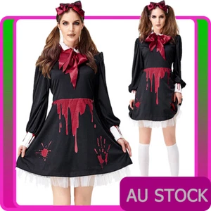 Ladies Voodoo Dolly Costume Scary Doll Creepy Girls Halloween Zombie Fancy Dress - Picture 1 of 8