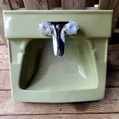 Vintage 1968 Avocado Sage Green MCM Ceramic Bathroom Sink With Faucets Cover