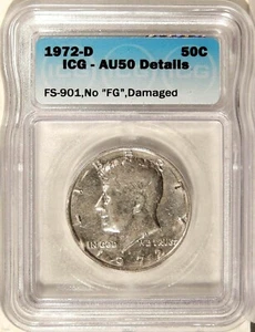 1972-D NO FG 50c ICG AU 50 DETAILS FS-901 ~ RARE KENNEDY HALF DOLLAR VARIETY - Picture 1 of 4