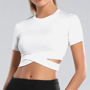 Women Short Sleeve Crop Cross Yoga Tops Ladies Stretch Cross Sport Gym T Shirts - Picture 1 of 13