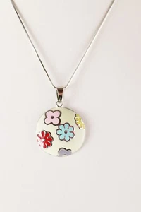 Brilho Steel Flower Floral Enamel Pendant Silver Tone Necklace - Picture 1 of 5