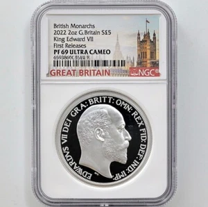 2022 2 oz plata PF69 Gran Bretaña Rey Eduardo VII Primera liberación Monarca británico - Imagen 1 de 7
