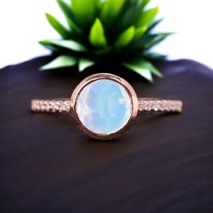 9k Solid Gold 6 MM Round Shape Natural Moonstone Ring Cubic Zirconia Ring - Picture 1 of 10