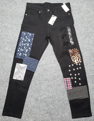 Pantalones de mezclilla Rue21 para hombre 32X30 negros Supreme Flex ajustados desgastados parches nuevos Foto 1 de 4