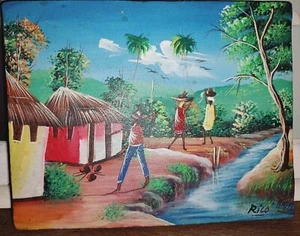Rico Haitian Folk Art Acrylic Painting of People in Village Unusual Detailed - Picture 1 of 7